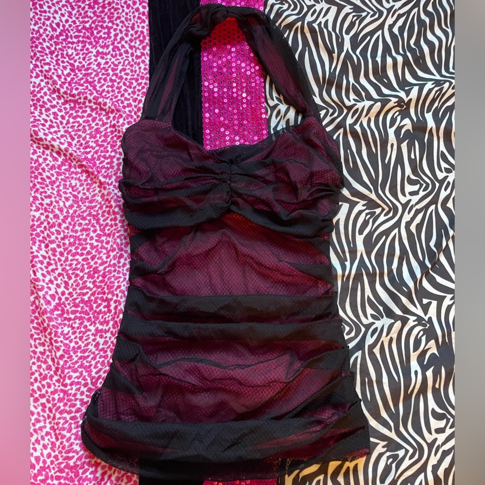 Bebe Pink and Black mesh halter top - Picture 1 of 3